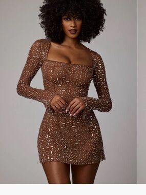 Oh Polly Brown Embellished Square Neck Long-Sleeve Mini